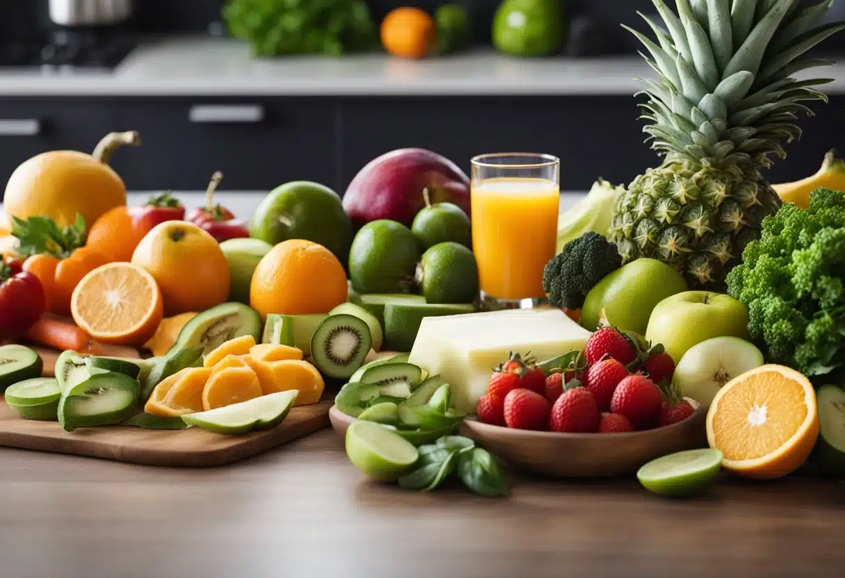 A table with various fruits and vegetables, a juicer, and recipe cards laid out for making belly fat burning juices