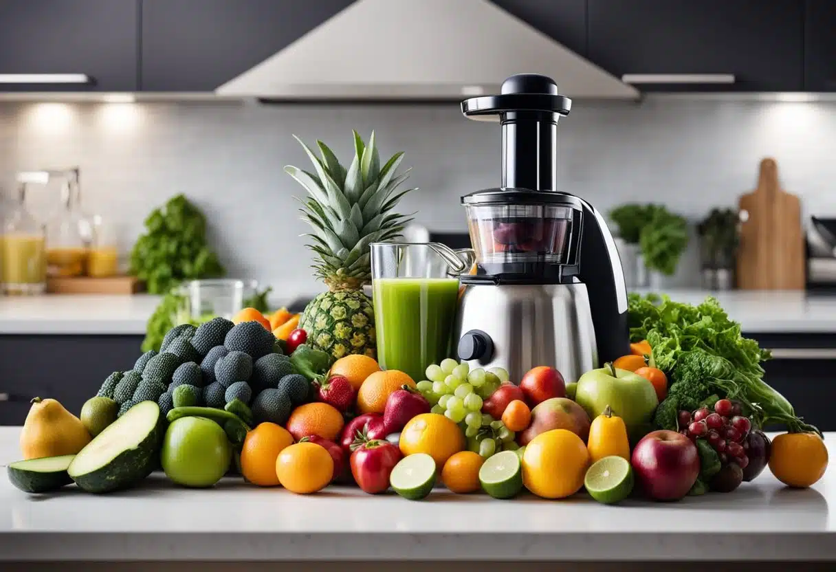 A colorful array of fresh fruits and vegetables arranged on a kitchen counter, with a juicer and various recipe books open to belly fat burning juice recipes