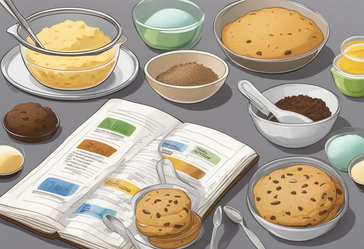 Ingredients gathered on a clean countertop. Measuring cups and spoons arranged neatly. Recipe book open to Nestle Toll House cookie page