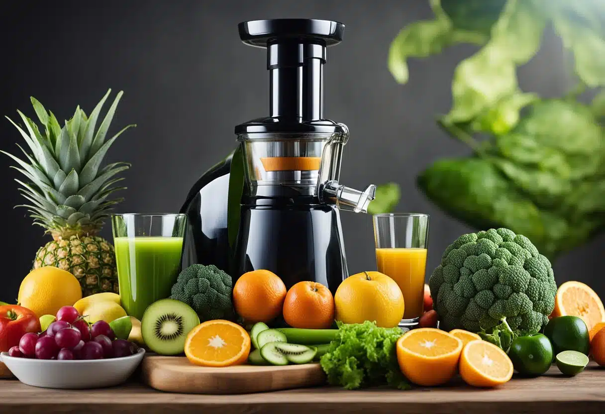 A colorful array of fresh fruits and vegetables, a juicer, and a glass of vibrant green juice. A tape measure wrapped around a shapely, slim waist