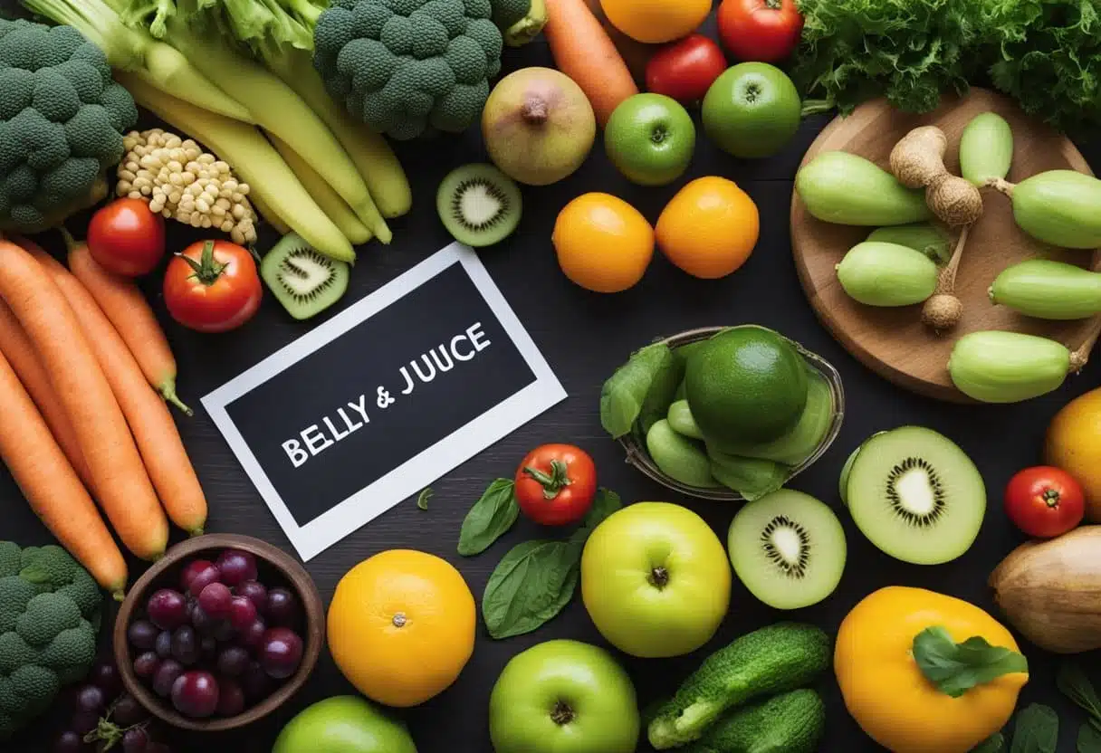 A colorful array of fresh fruits and vegetables, including lemons, ginger, kale, and berries, arranged on a clean, wooden cutting board