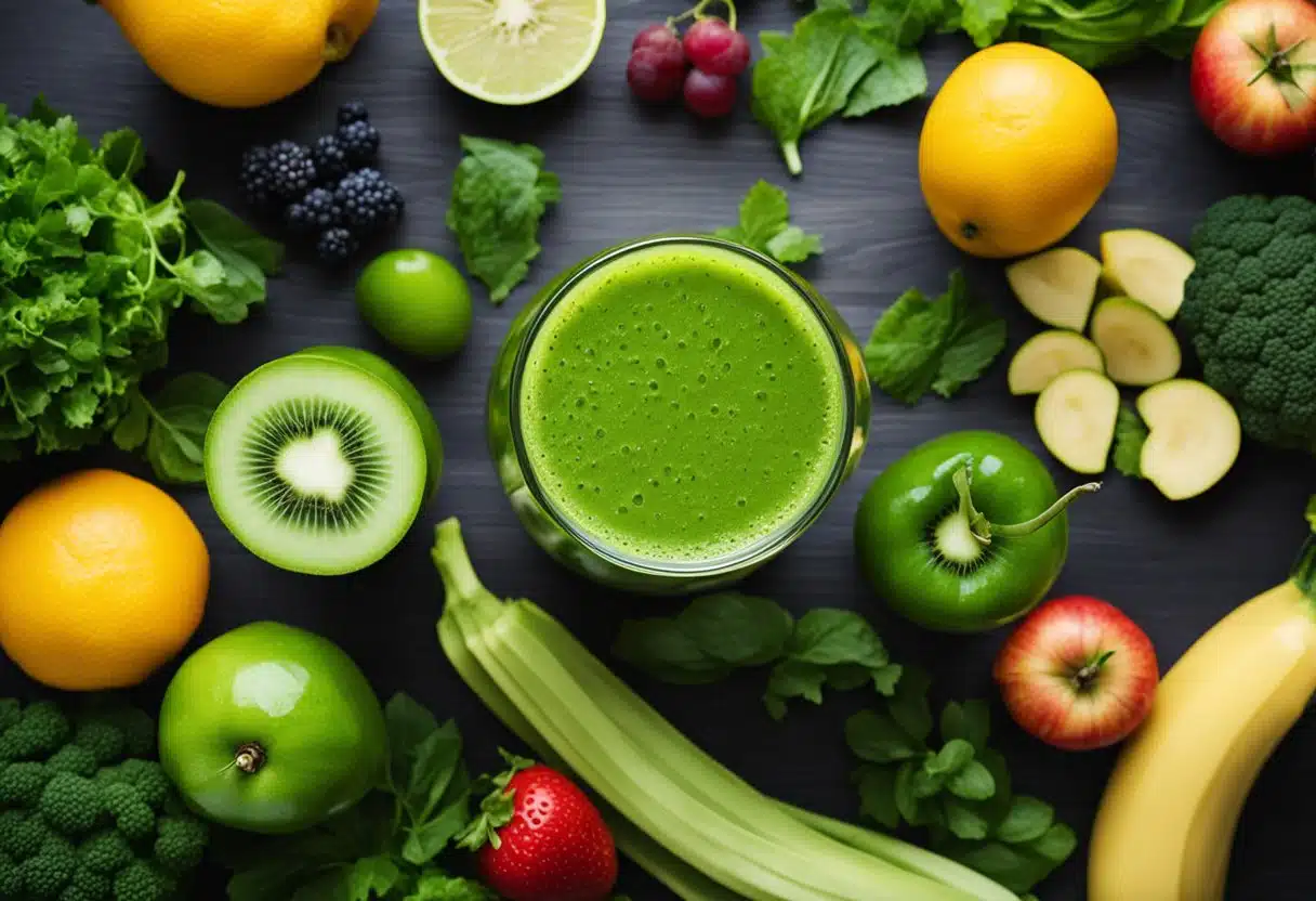 A glass of green juice surrounded by fresh fruits and vegetables, with a measuring tape wrapped around a waistline