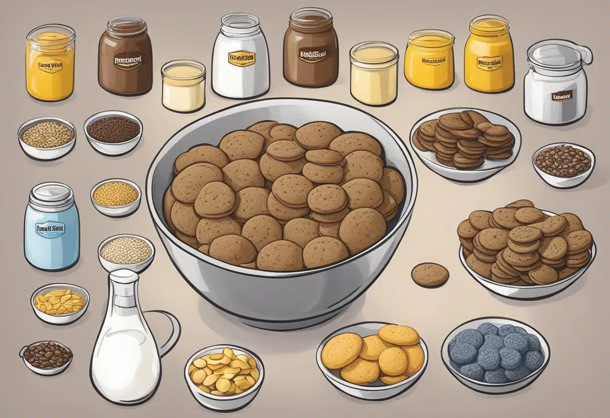 A mixing bowl filled with ingredients for Nestle Toll House cookies, with options for variations and substitutions laid out beside it