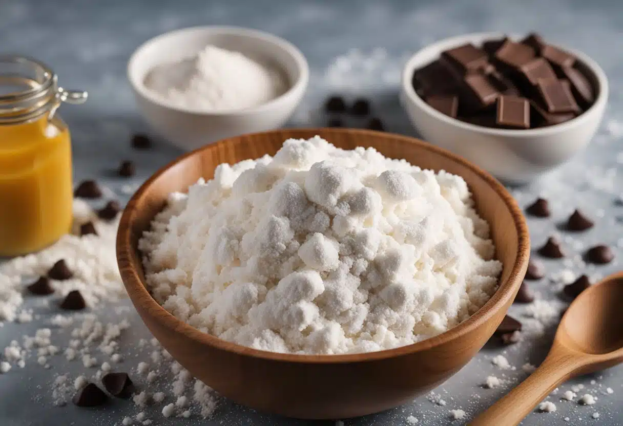 A mixing bowl filled with flour, sugar, and chocolate chips. A wooden spoon stirs the ingredients together, while a bag of Nestle chocolate chips sits nearby