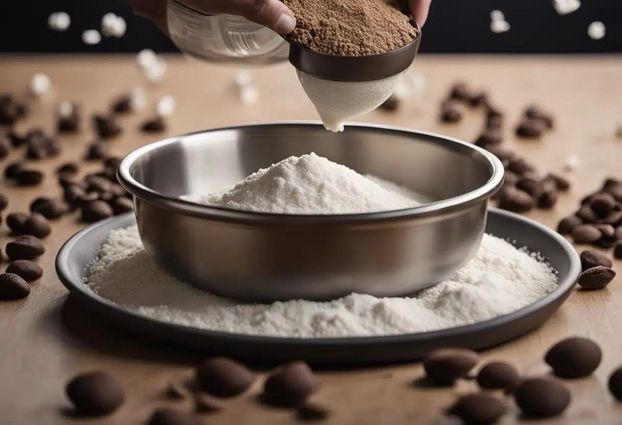 A mixing bowl filled with flour, sugar, and chocolate chips. A hand pouring in Nestlé brand chocolate chips