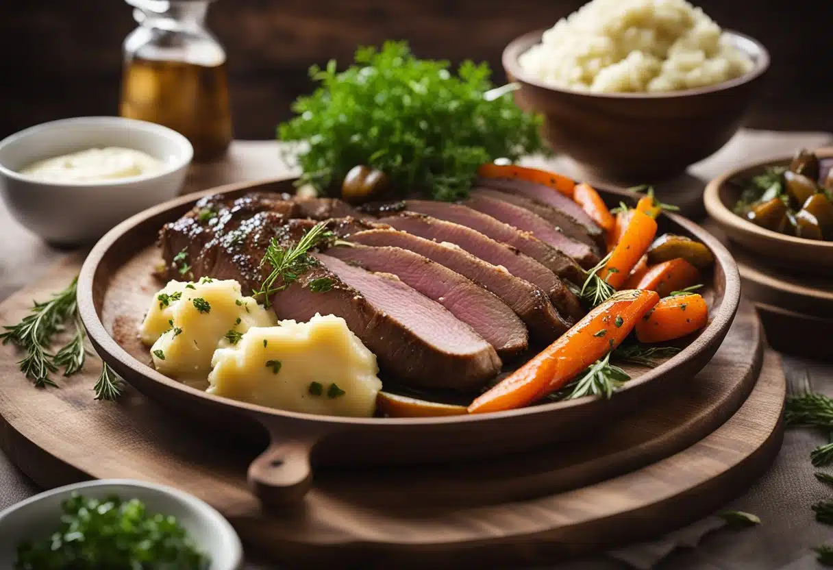 A rustic wooden table with a platter of sliced chuck roast, surrounded by fresh herbs, roasted vegetables, and a side of creamy mashed potatoes