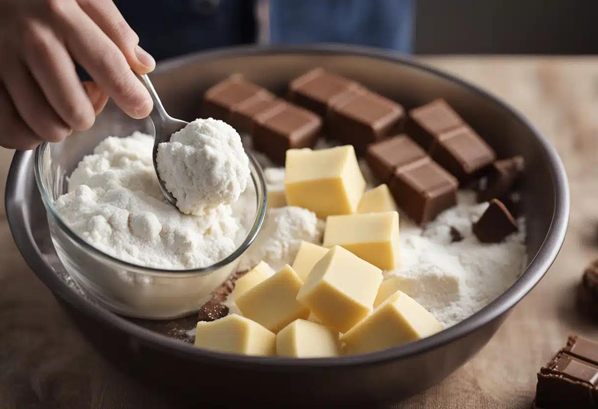 A mixing bowl filled with flour, sugar, and chocolate chips. A hand reaches for a measuring cup of butter. A cookie tray sits nearby