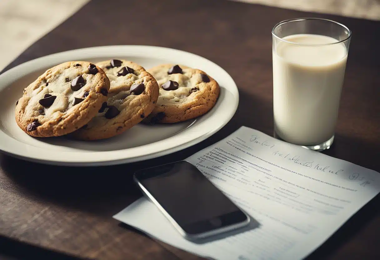 A close-up of a plate with a freshly baked Nestle chocolate chip cookie, alongside a glass of milk and a handwritten note with the nutritional information of the recipe