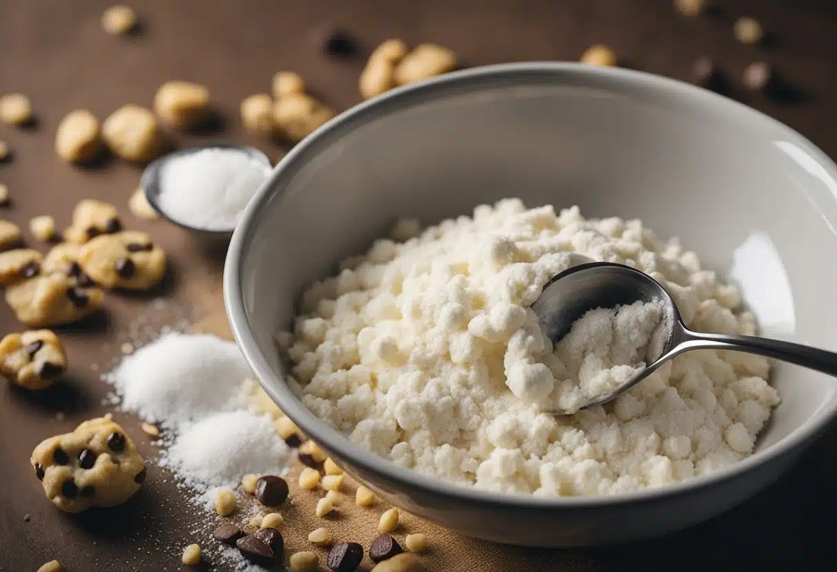 A mixing bowl filled with flour, sugar, and chocolate chips. A spoon stirring the ingredients together. A measuring cup pouring in melted butter