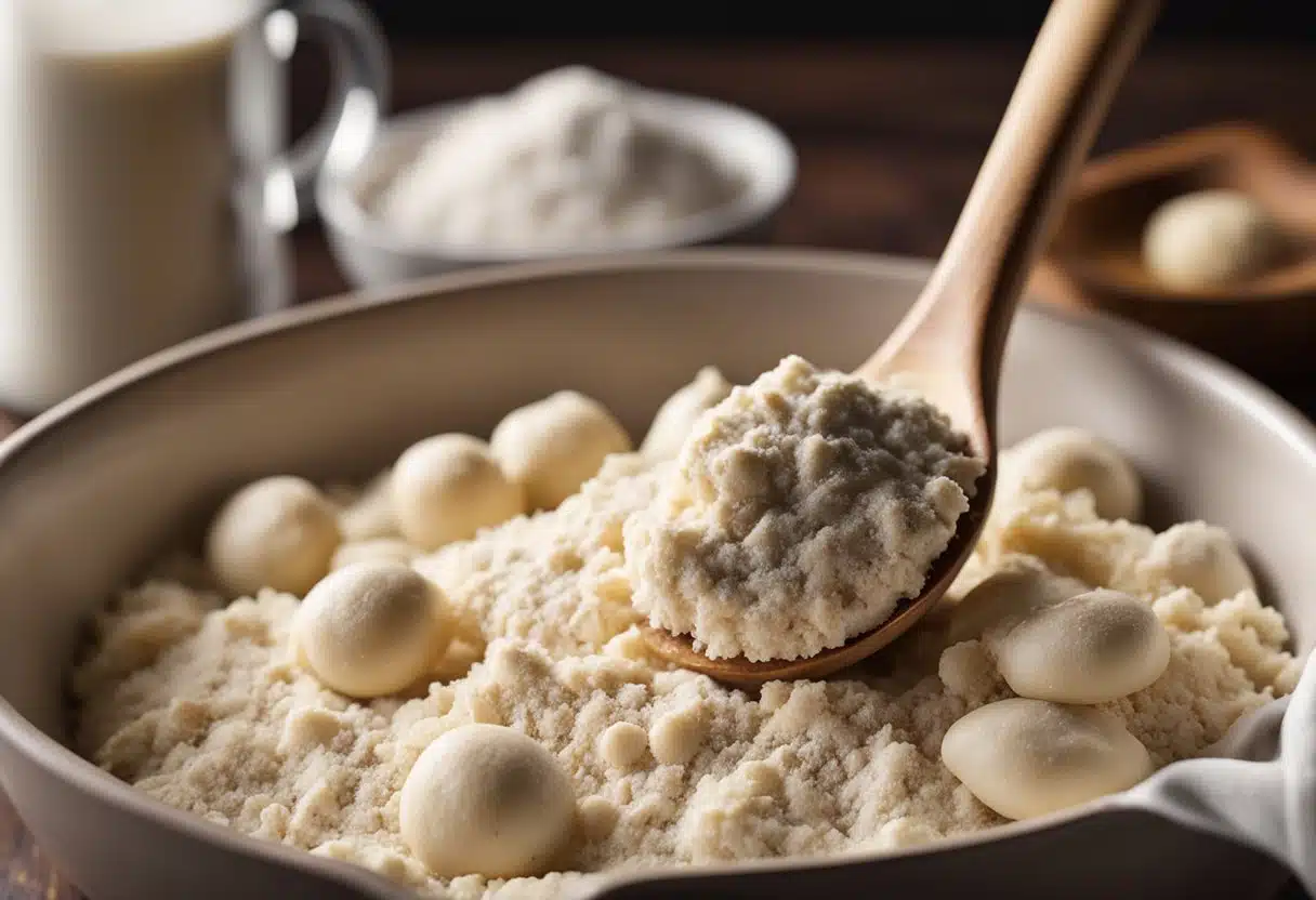 A mixing bowl filled with flour, sugar, and chocolate chips. A wooden spoon stirs the ingredients together, creating a thick cookie dough