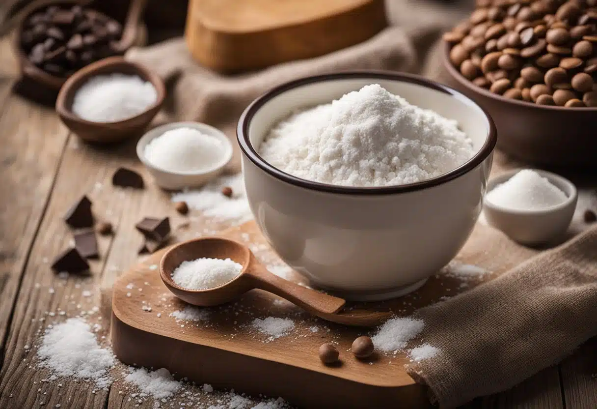 A countertop with a bowl of flour, sugar, and chocolate chips. A measuring cup and spoon sit nearby