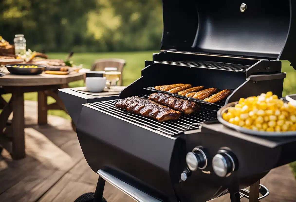 A sizzling Traeger grill cooks up a mouthwatering spread of ribs, brisket, and corn on the cob, surrounded by a rustic outdoor setting