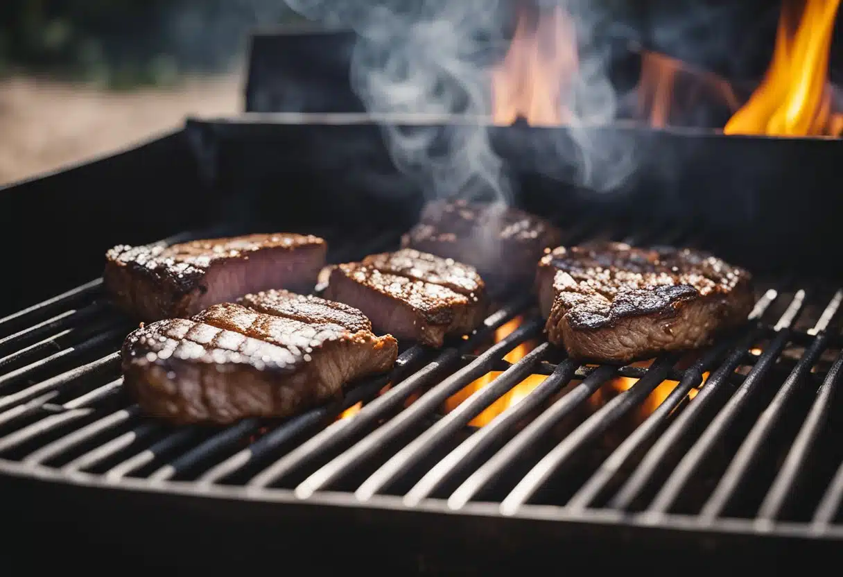 A sizzling steak cooks on a Traeger grill, smoke billowing around it. Wood chips smolder in the firebox, infusing the meat with rich, smoky flavor