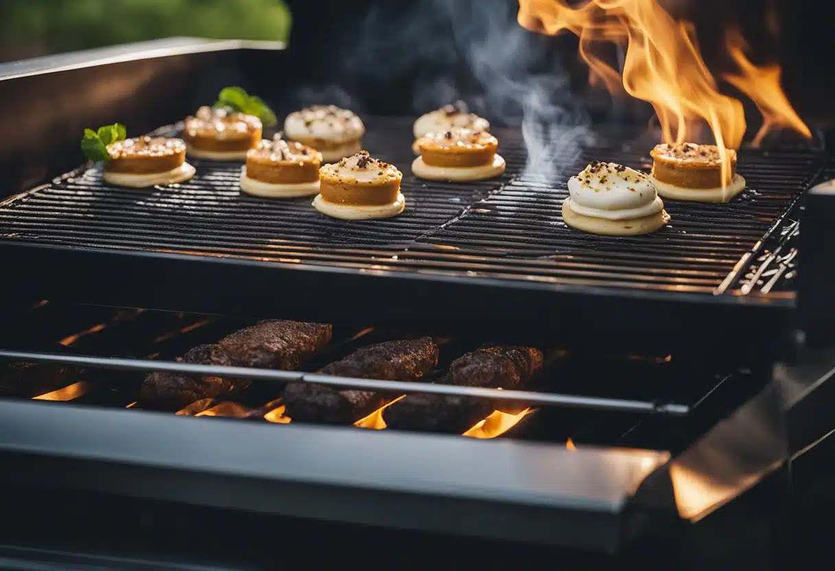 A variety of desserts sizzling on a Traeger grill, with smoke billowing up and the sweet aroma filling the air