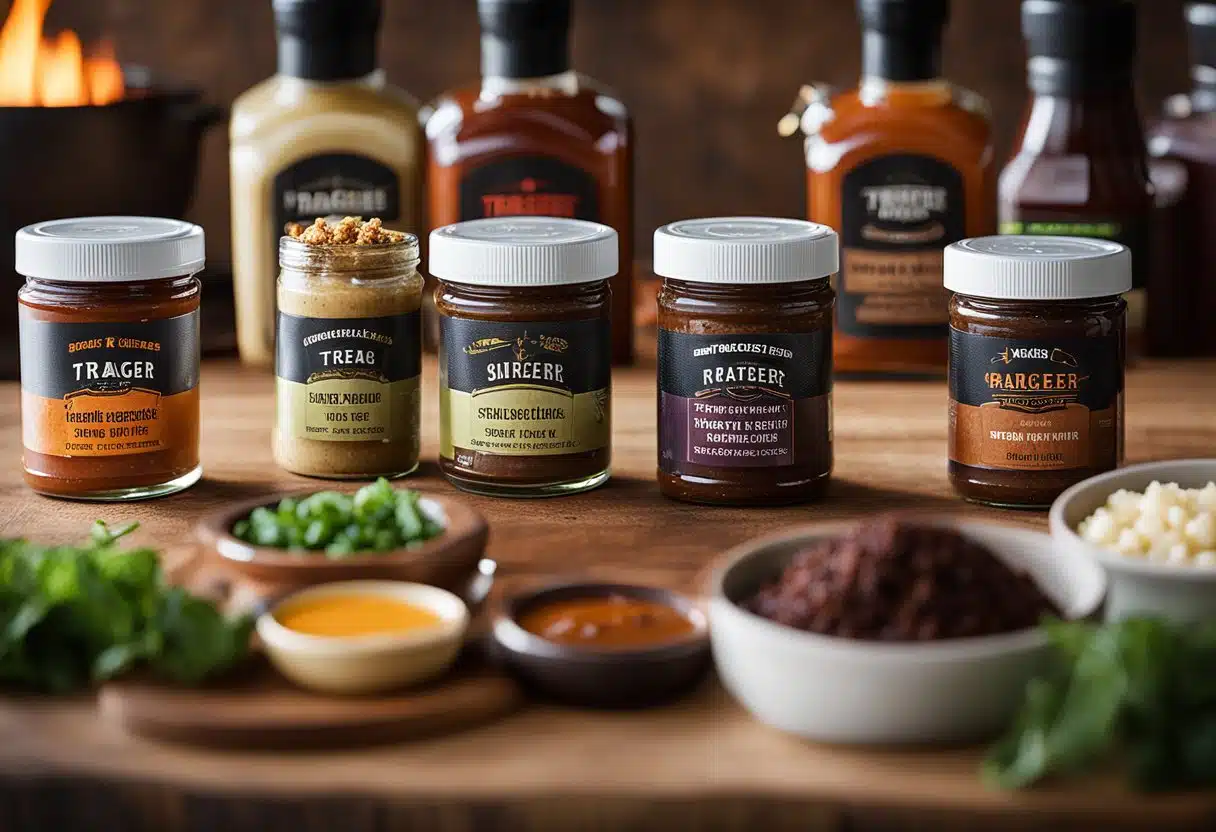 A variety of sauces and rubs arranged on a wooden table with a Traeger grill in the background