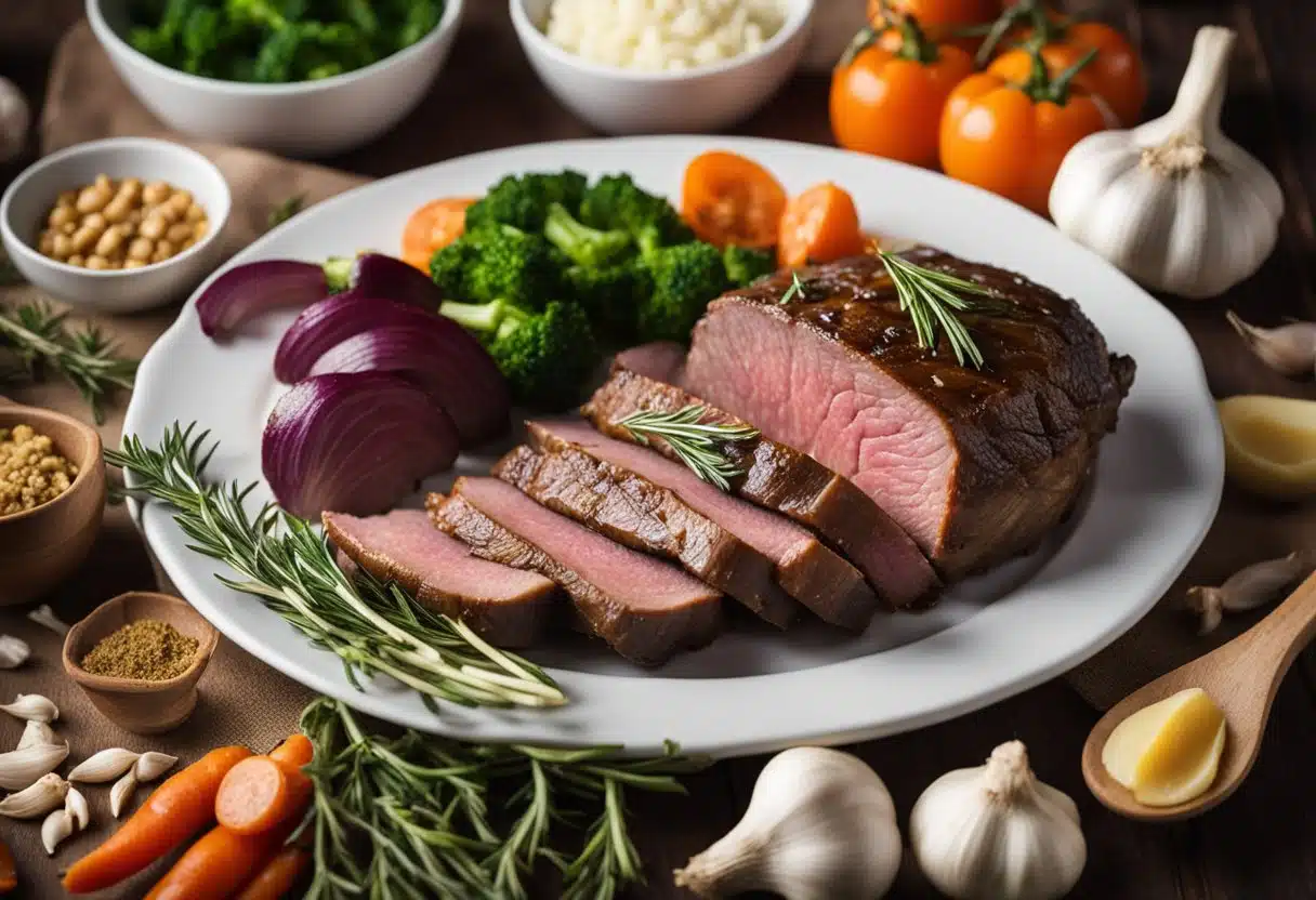 A chuck roast surrounded by ingredients like garlic, rosemary, and vegetables, with a nutrition label in the background