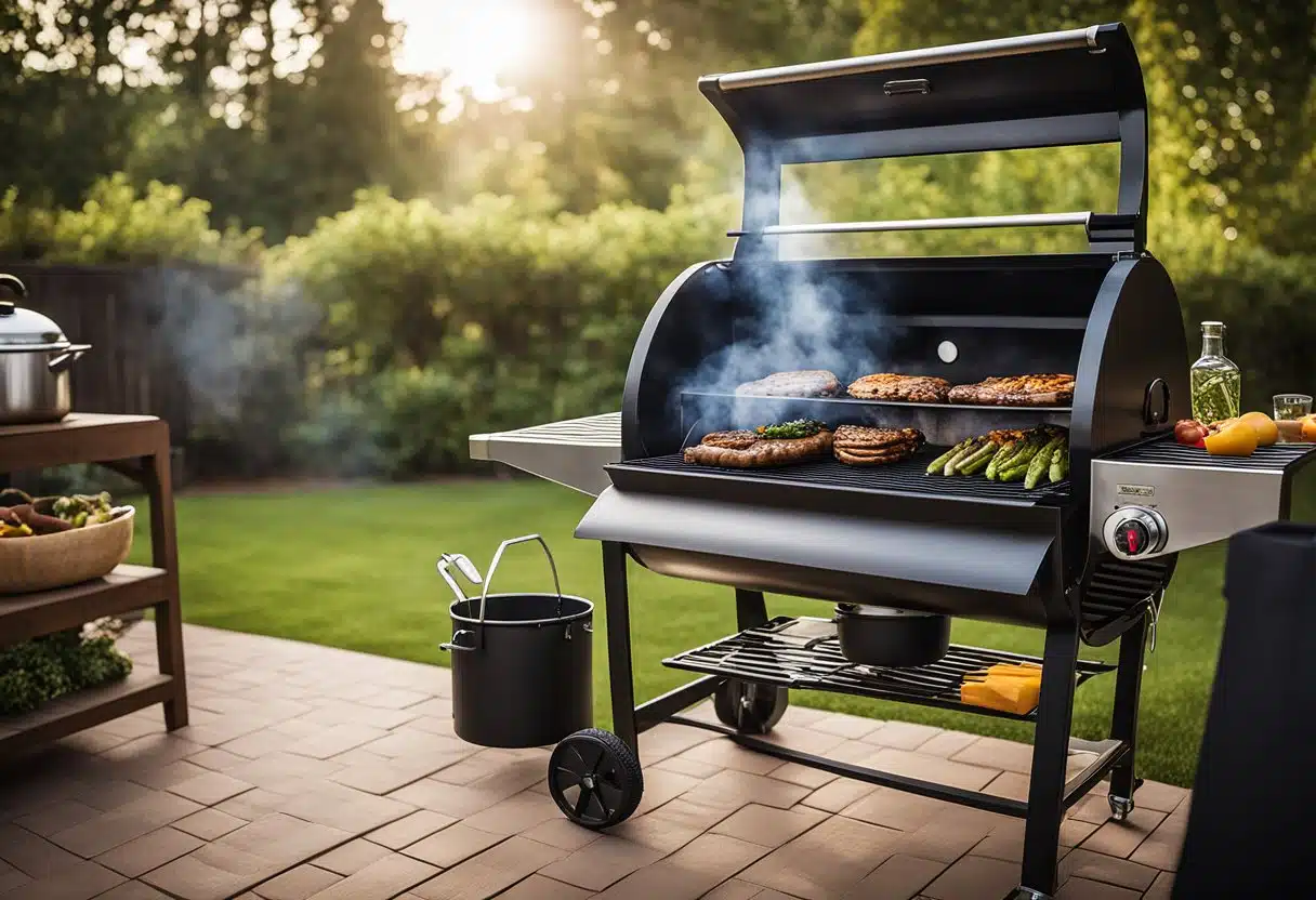 A Traeger grill sits on a patio, surrounded by ingredients and utensils. Smoke billows from the grill as the lid is lifted, revealing a sizzling dish