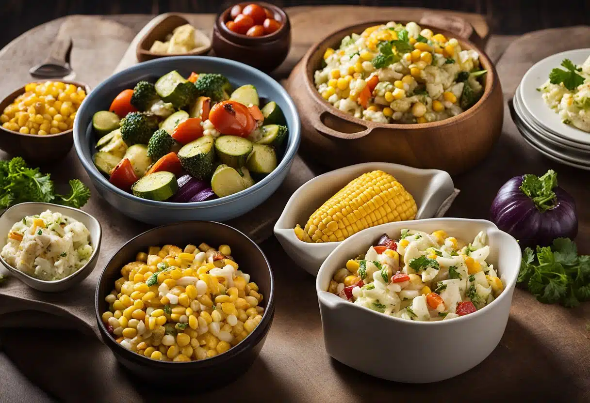 A table set with various side dishes: grilled vegetables, corn on the cob, coleslaw, and potato salad. A Traeger grill is in the background