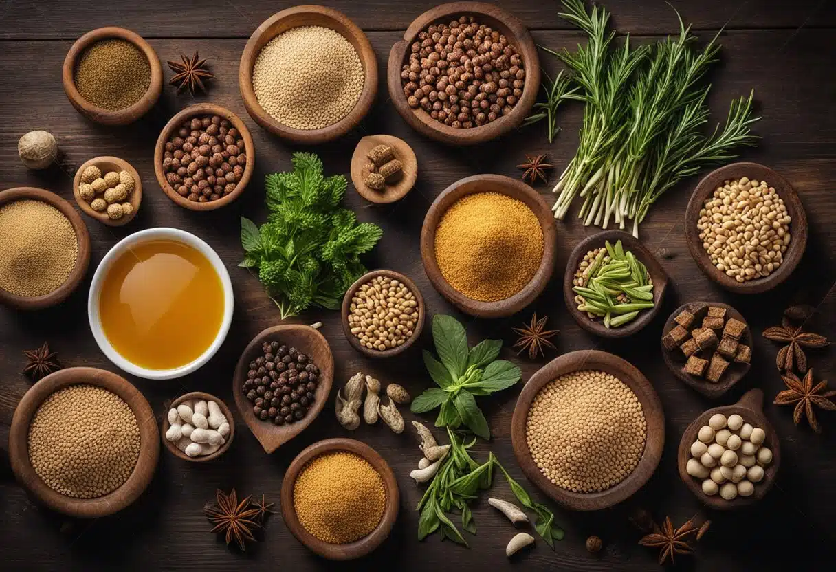 A rustic wooden table displays a variety of wood pellets, alongside ingredients like herbs, spices, and meats, suggesting flavor pairings for Traeger recipes