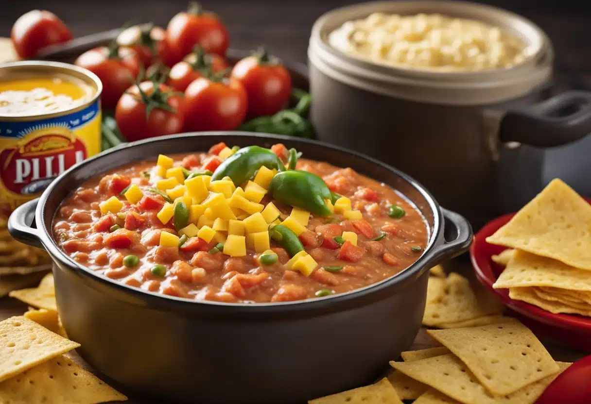 A bubbling pot of Rotel dip sits on a stovetop, surrounded by cans of diced tomatoes and green chilies, a block of Velveeta cheese, and a bag of tortilla chips