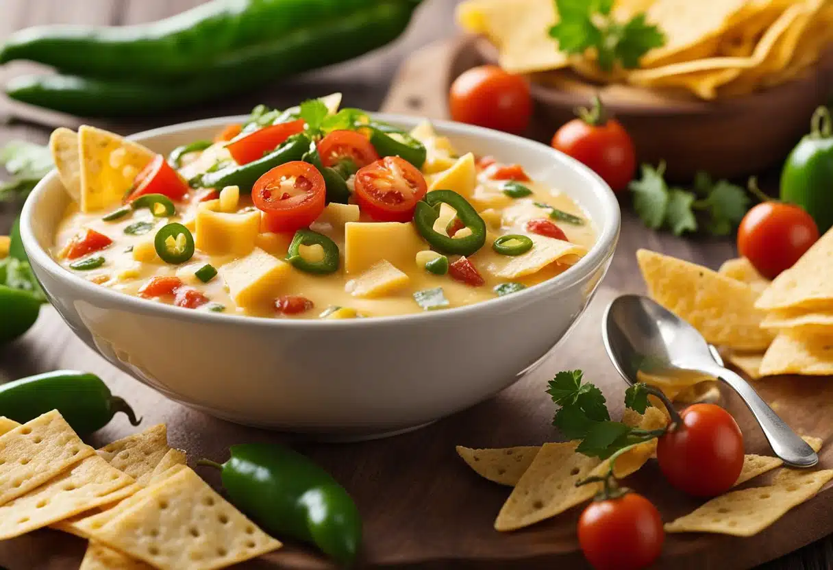 A bowl of melted cheese mixed with diced tomatoes and green chilies, surrounded by tortilla chips and a spoon for dipping