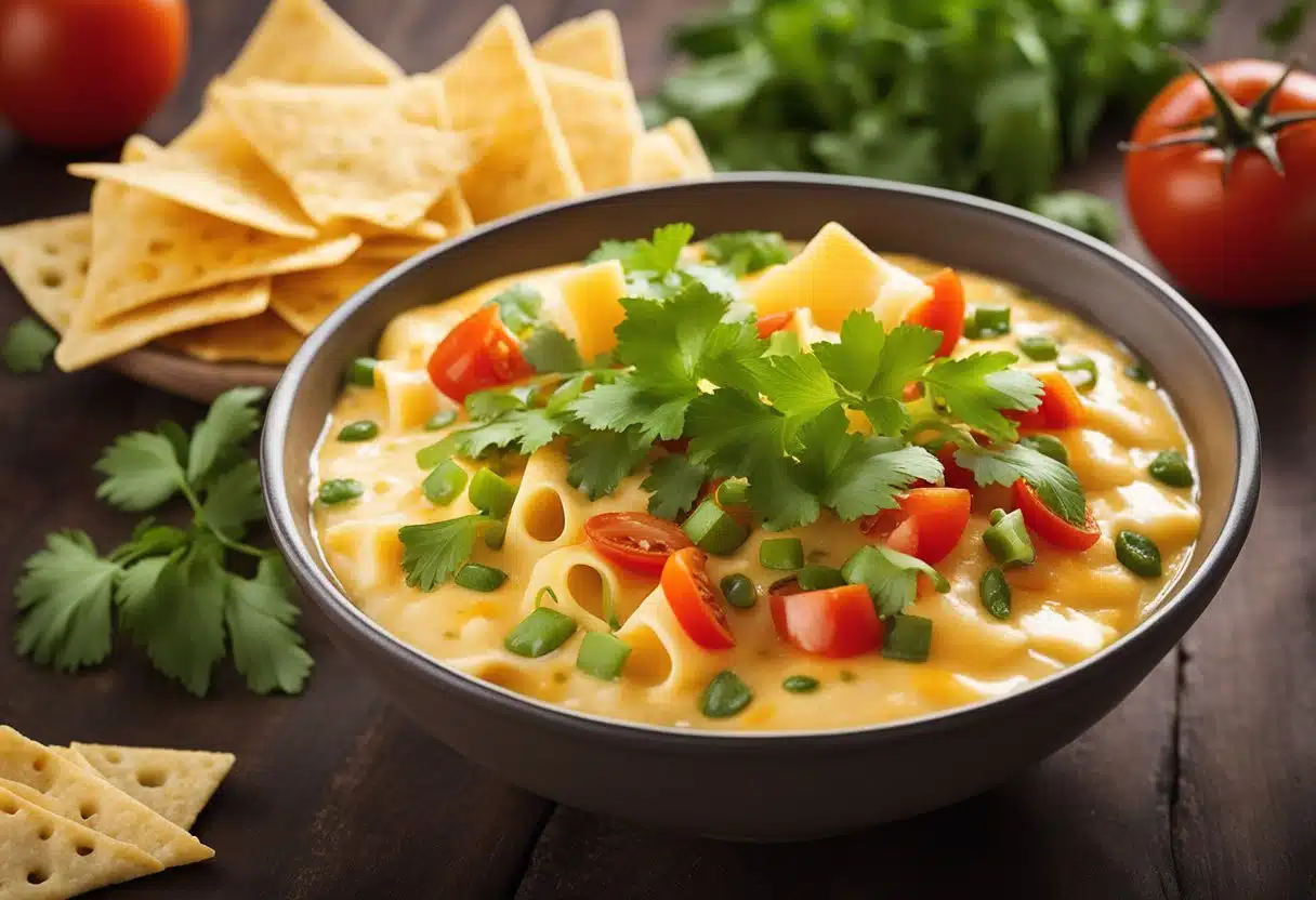 A bowl of melted cheese mixed with diced tomatoes and green chilies, surrounded by tortilla chips and garnished with fresh cilantro