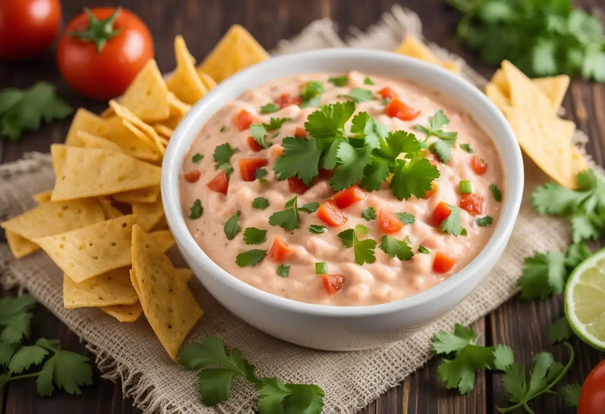 A bowl of creamy rotel dip sits on a wooden table, surrounded by tortilla chips and garnished with chopped cilantro and diced tomatoes