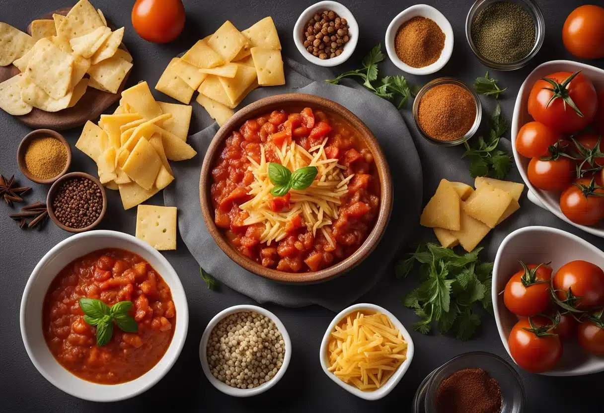 A table spread with ingredients: diced tomatoes, melted cheese, and a bowl of spices. Chips surround the dip bowl