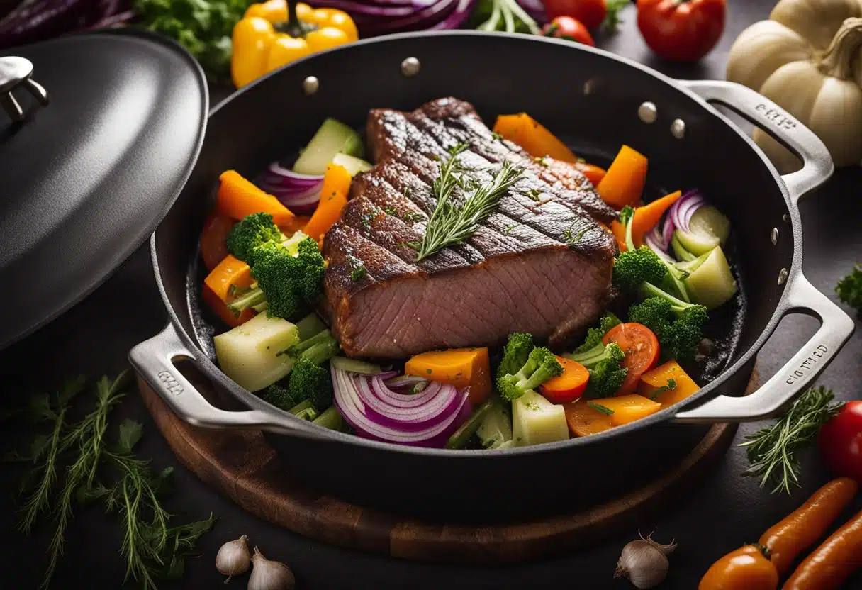 A chuck roast sizzling in a hot skillet, surrounded by colorful vegetables and aromatic herbs, as steam rises from the pan