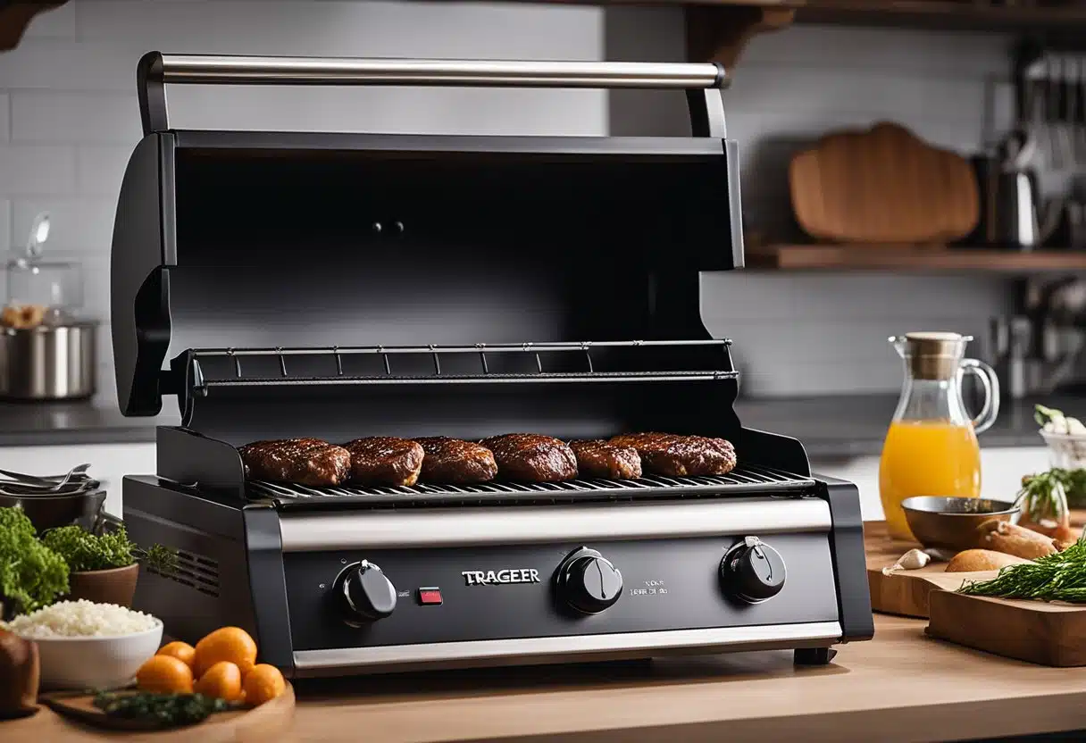 A kitchen counter with a Traeger grill, surrounded by various ingredients and cooking utensils. Smoke billows from the grill as a dish cooks