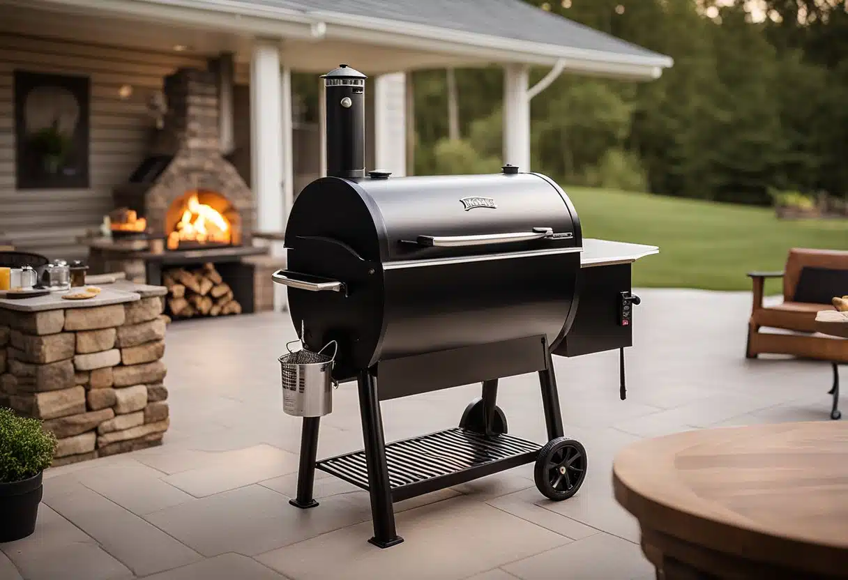 A Traeger grill sits on a clean, outdoor patio. Smoke billows from the chimney as the grill heats up. A bag of wood pellets and a recipe book are nearby