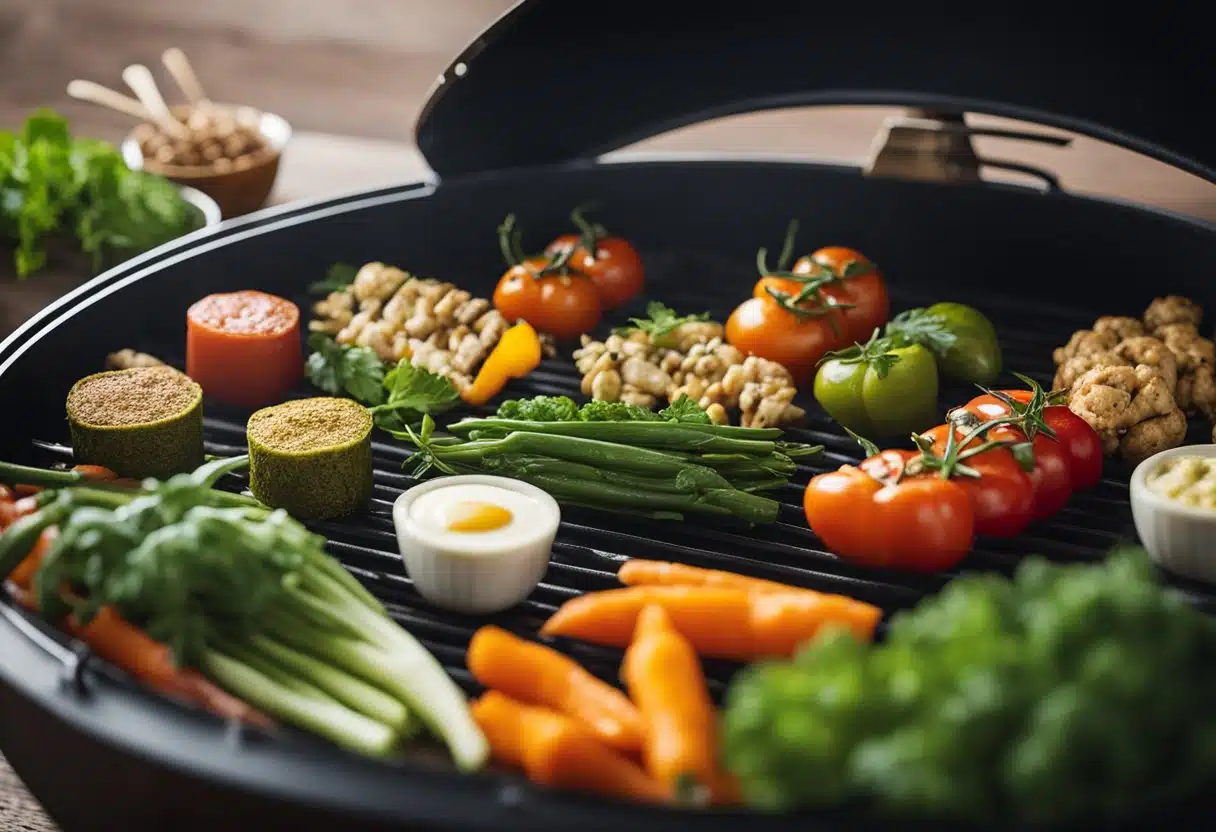 A colorful array of fresh vegetables and plant-based proteins sizzling on a Traeger grill, surrounded by aromatic herbs and spices