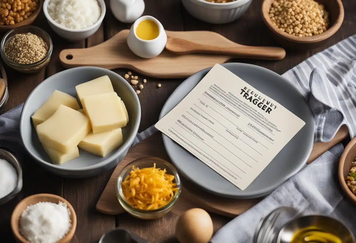 A stack of recipe cards with "Frequently Asked Questions Traeger Recipes" printed on them, surrounded by various cooking ingredients and utensils