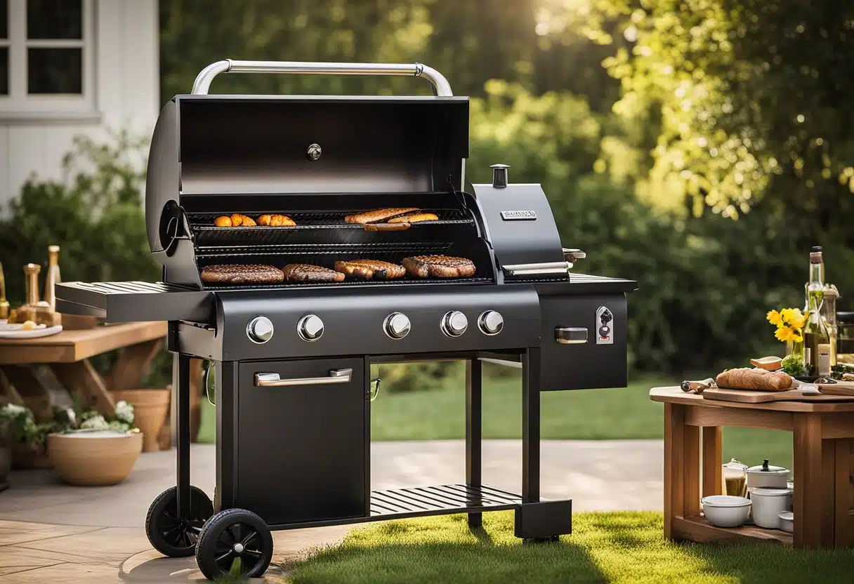 A clean, well-maintained Traeger grill sits in an outdoor setting, surrounded by cooking utensils and ingredients. The grill's surface is free of debris and shows signs of regular care