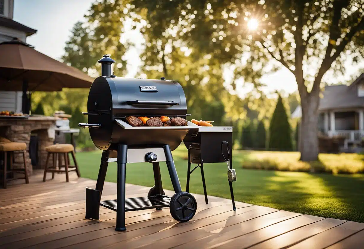 A sizzling Traeger grill cooks up juicy meats and vegetables, surrounded by a warm, inviting outdoor setting