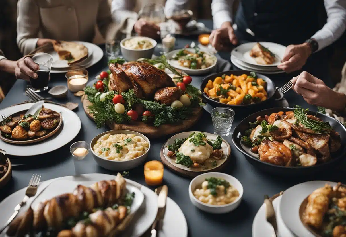 A festive table set with a variety of delicious dishes cooked using Traeger recipes for special occasions. The table is adorned with elegant tableware and surrounded by happy guests enjoying the meal