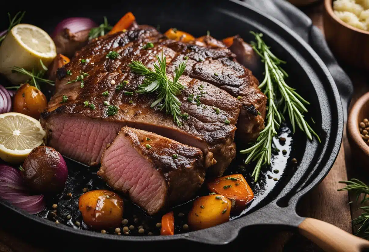 A chuck roast sizzling in a cast iron skillet, surrounded by aromatic herbs and spices, as steam rises from the meat