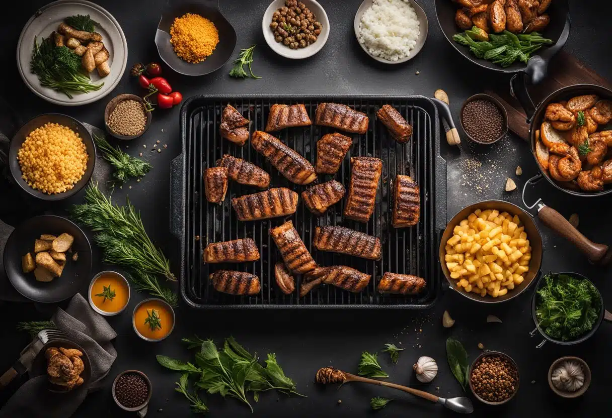 A sizzling Traeger grill with smoke billowing, surrounded by various ingredients and utensils, showcasing the process of advanced Traeger cooking techniques