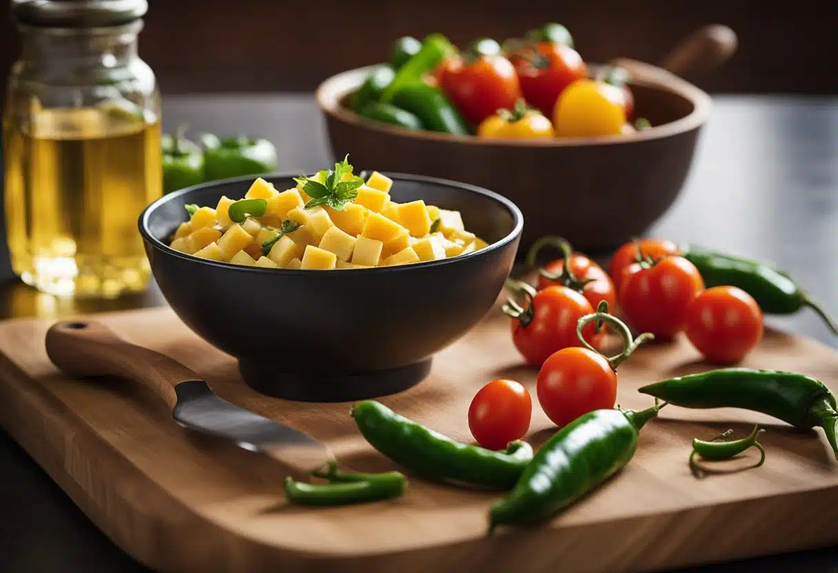 A bowl of diced tomatoes and green chilies, a block of Velveeta cheese, and a skillet on a stovetop