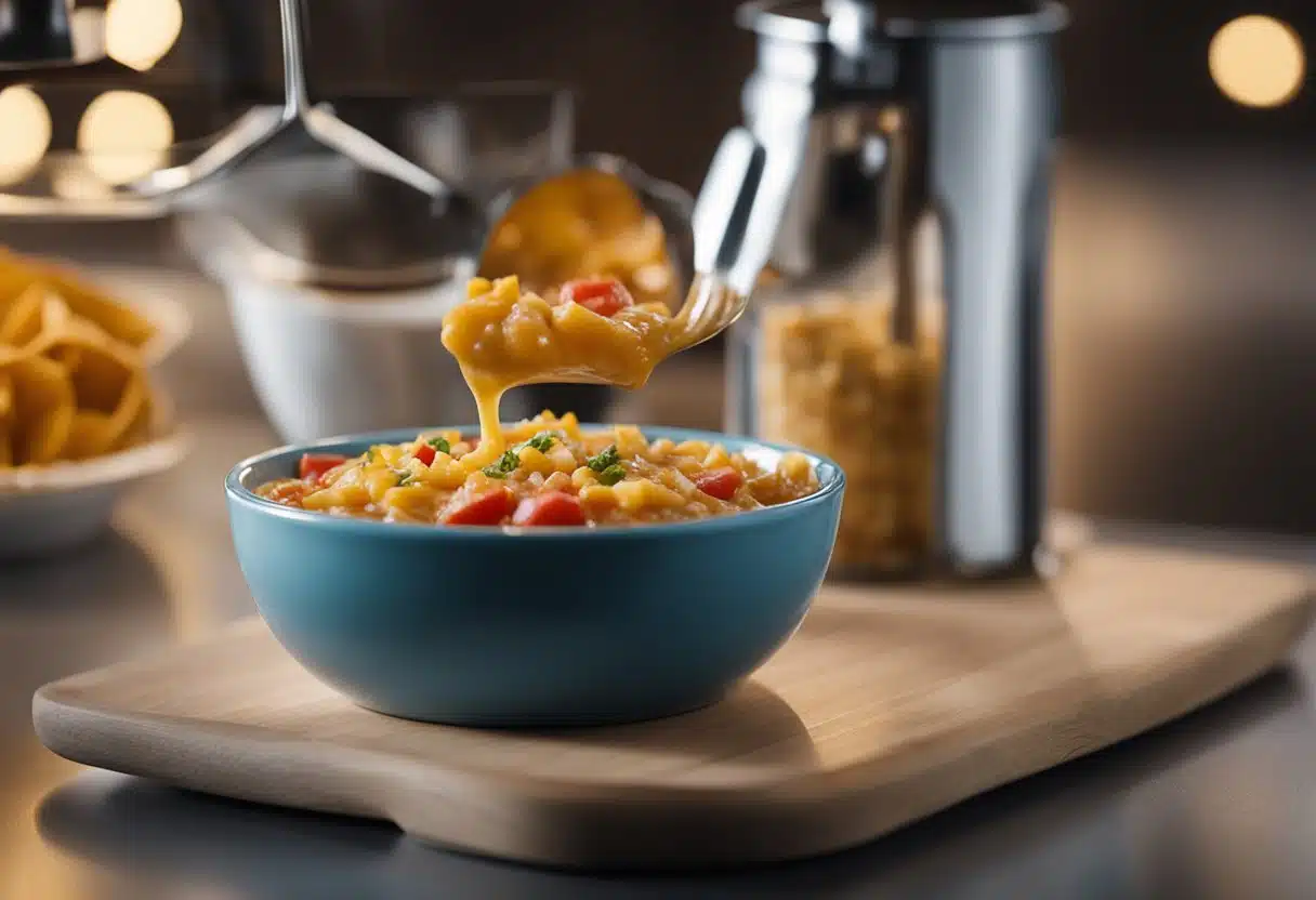 A hand pours rotel dip into a glass container. The container is then placed in the microwave for reheating