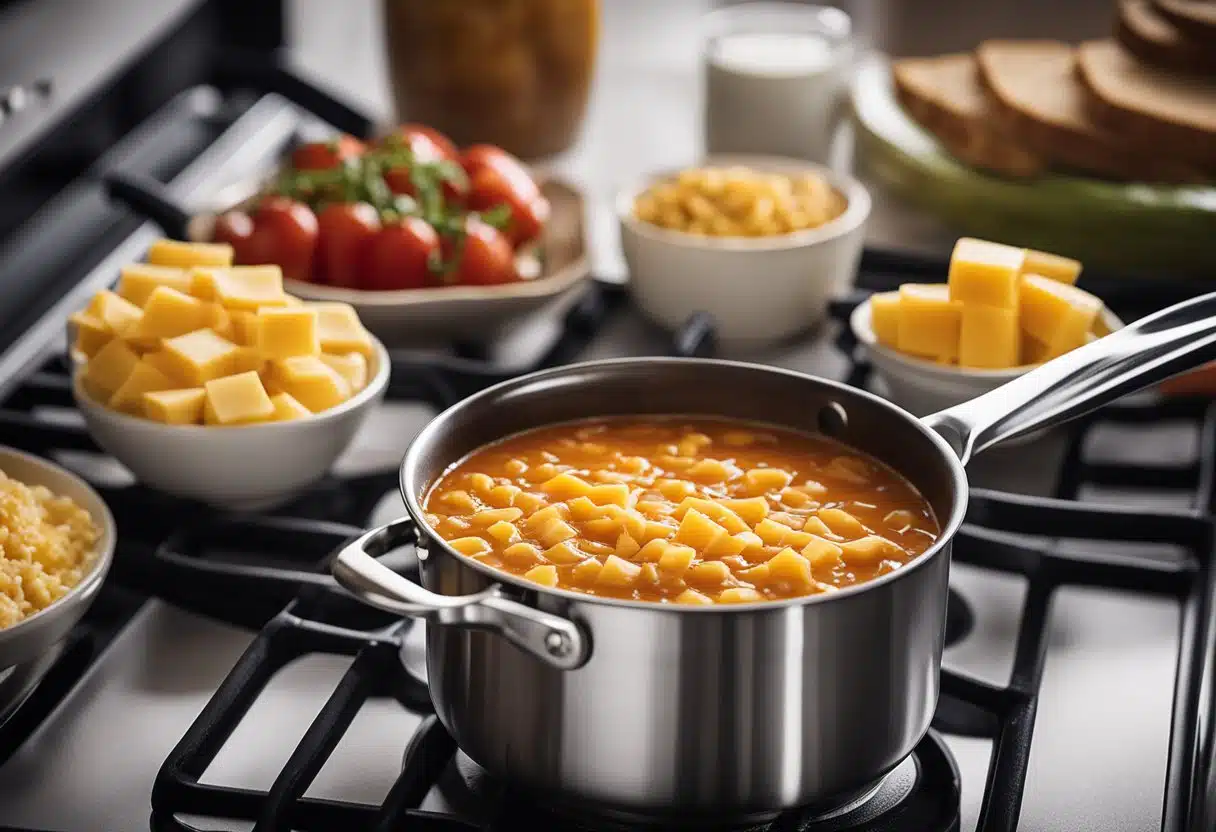 A pot on a stove, ingredients laid out, a can of Rotel, a block of Velveeta, and a mixing spoon