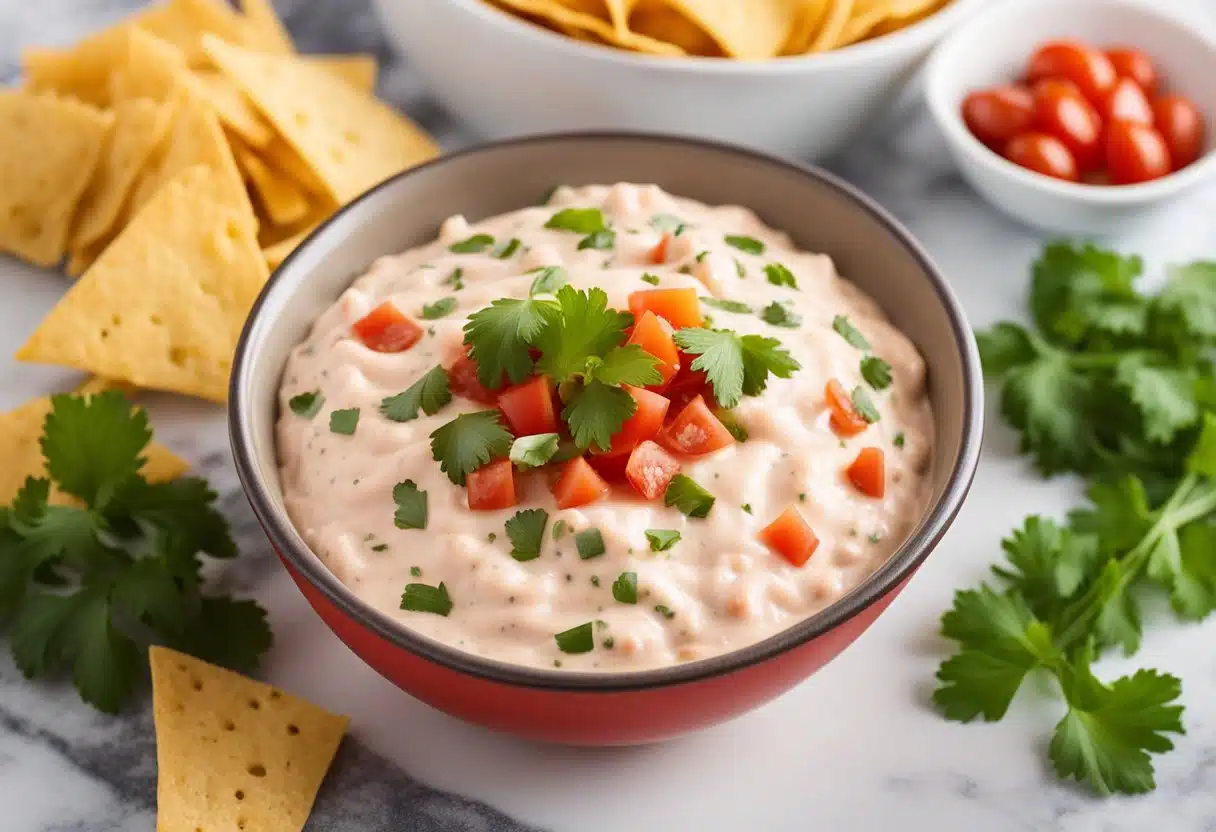 A bowl of creamy Rotel dip surrounded by tortilla chips and garnished with chopped tomatoes and cilantro