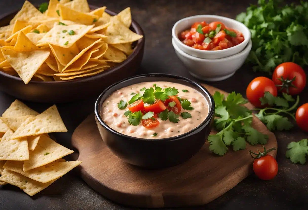 A bowl of creamy rotel dip surrounded by tortilla chips and garnished with diced tomatoes and cilantro