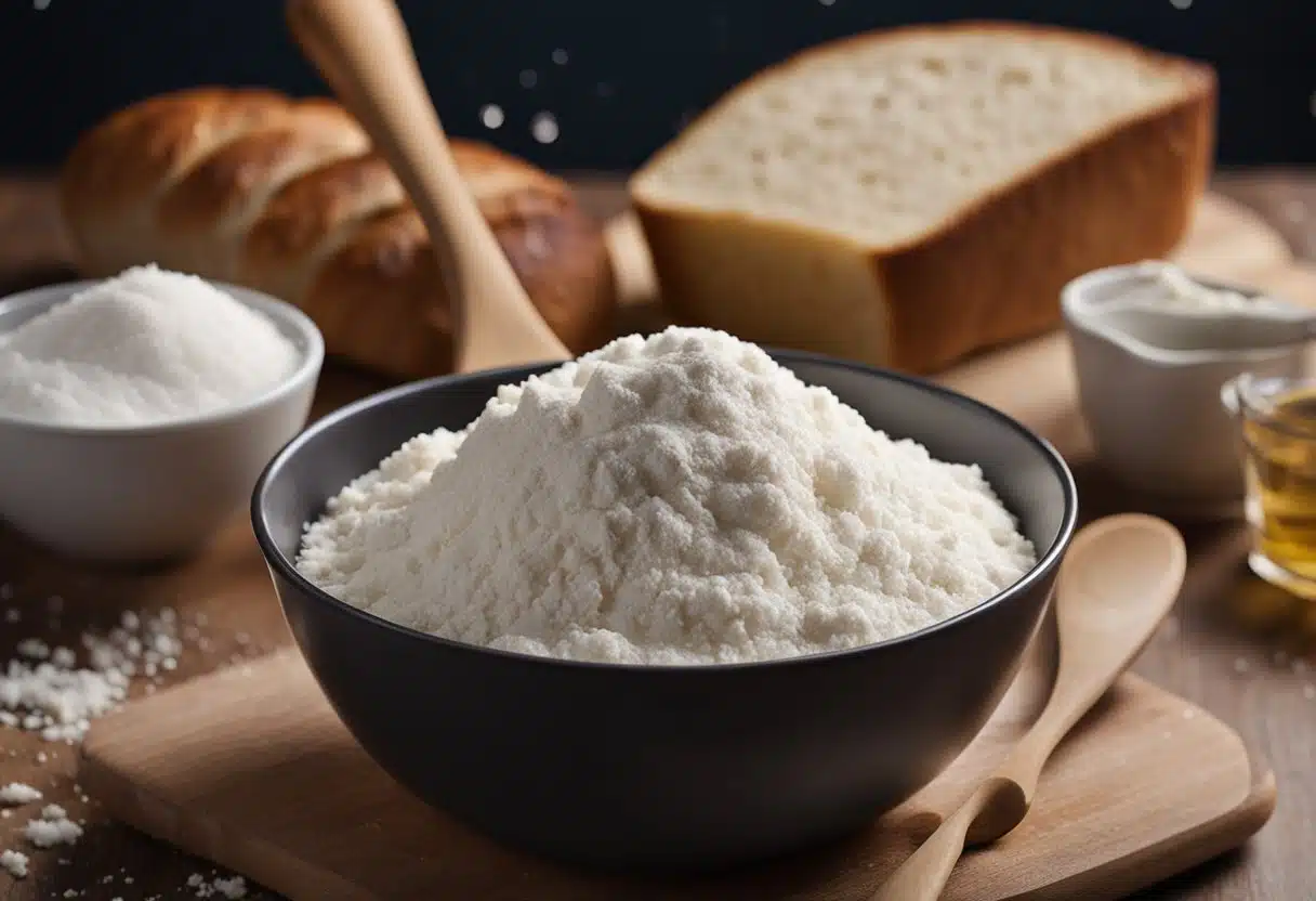 A mixing bowl with flour, yeast, water, and salt. A wooden spoon stirs the ingredients together. A loaf of bread rises on the countertop