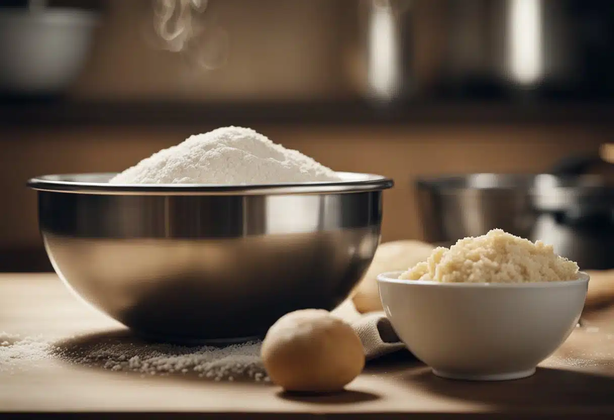 A mixing bowl with flour, yeast, and water. A spoon stirs the ingredients, forming dough. A loaf of bread bakes in the oven