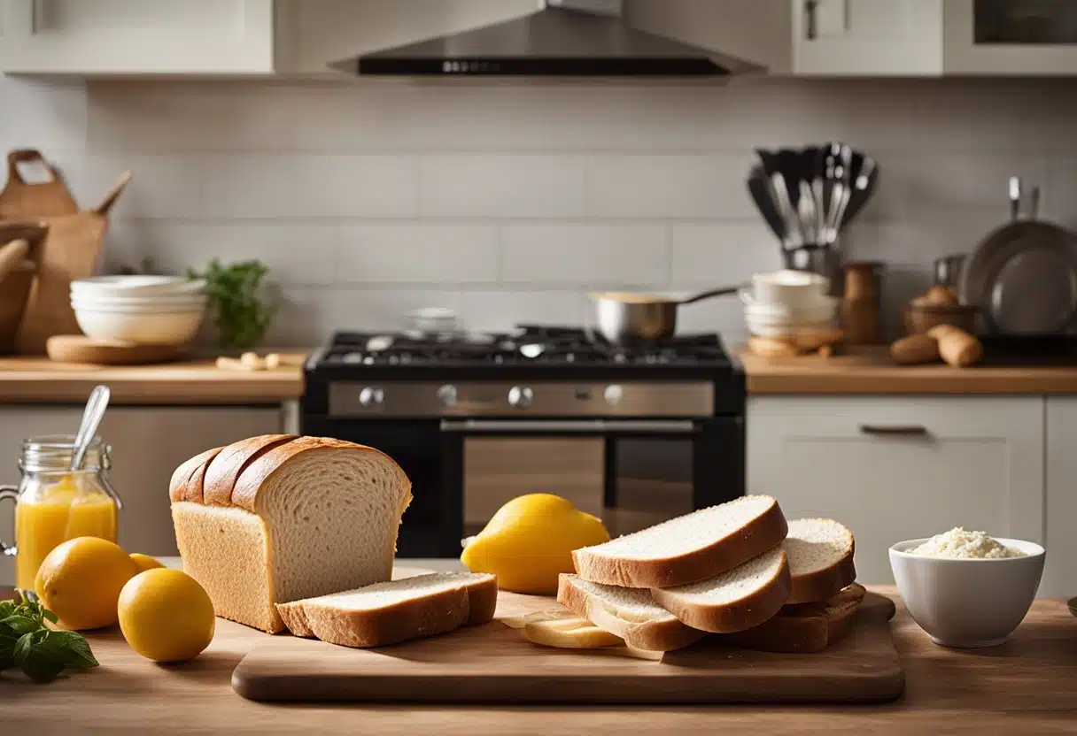 A table with ingredients and utensils for making sandwich bread. A recipe book open to the page for sandwich bread. A warm, inviting kitchen setting