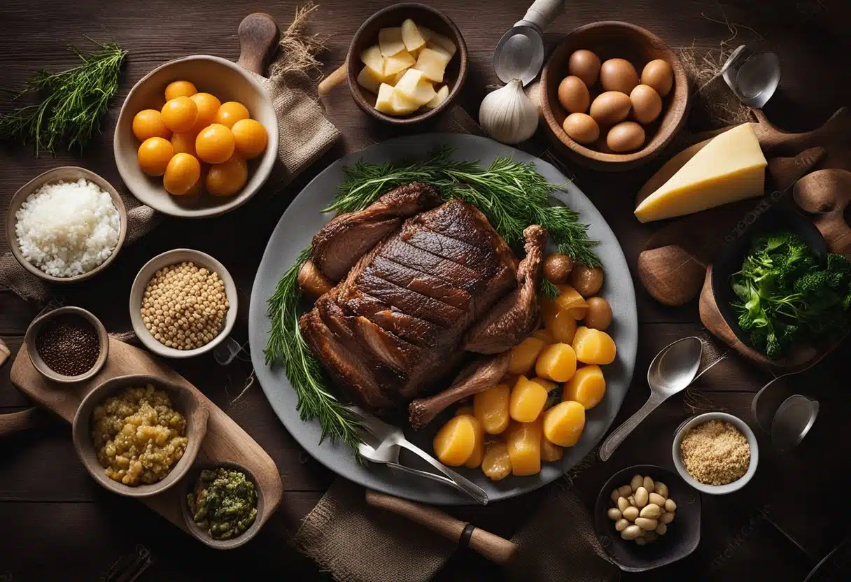 A table with various ingredients and utensils for chuck roast recipes