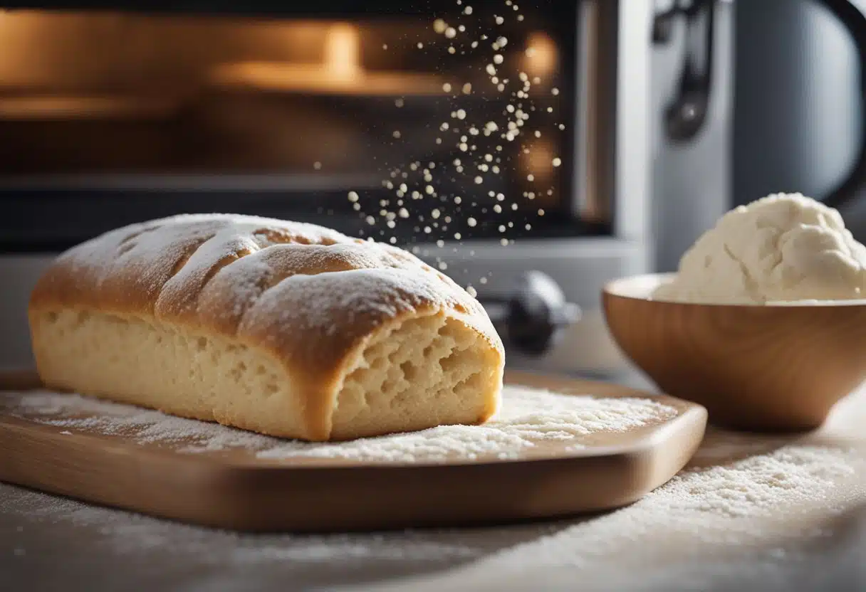 Flour being kneaded, yeast activating in warm water, dough rising in a greased bowl, and a loaf baking in the oven