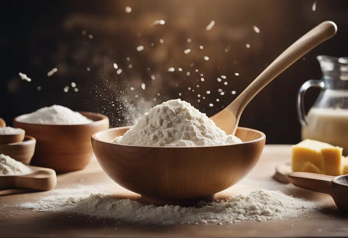 A mixing bowl with flour, yeast, and water. A wooden spoon stirring the ingredients. A dough rising in a warm kitchen