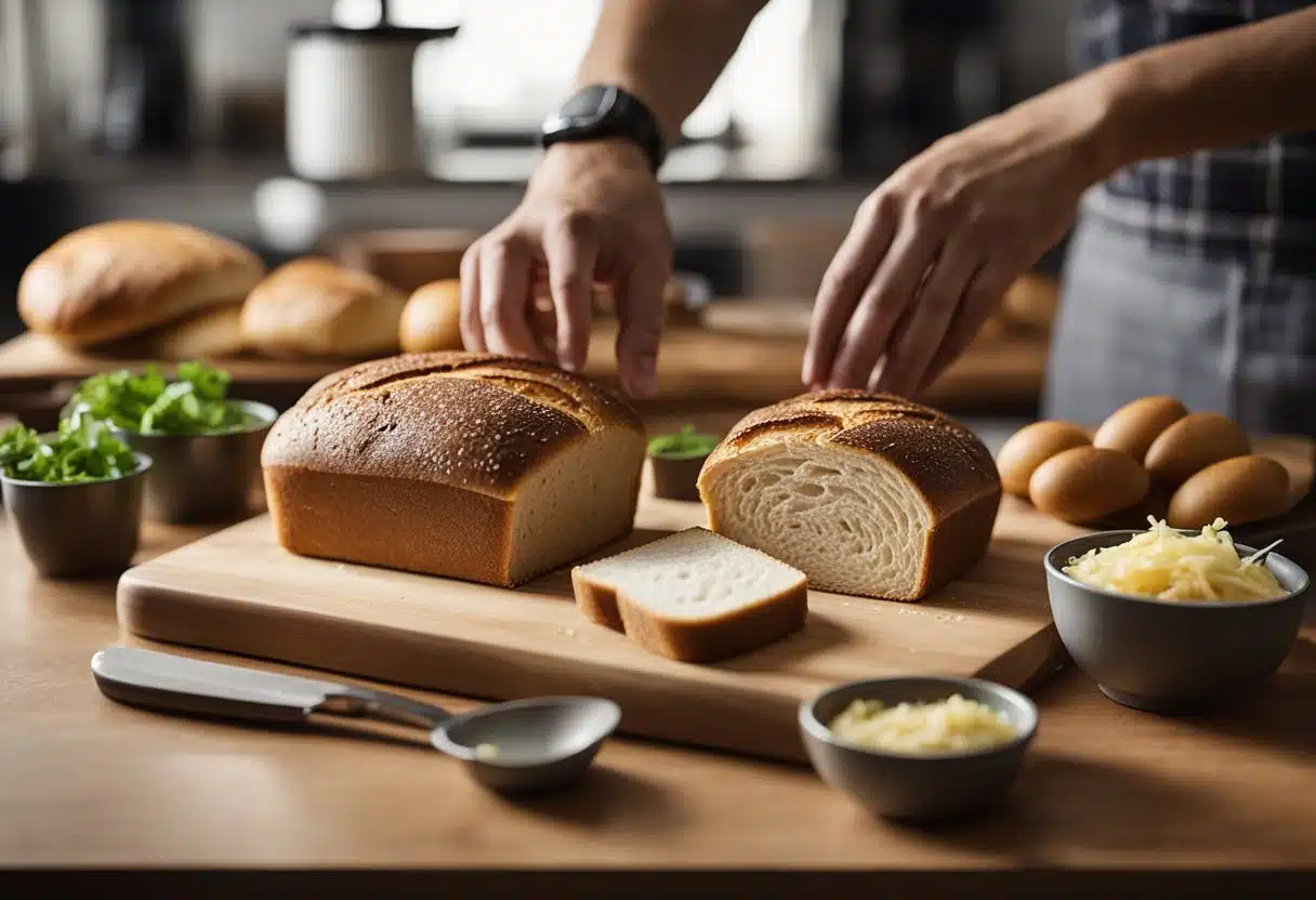 A loaf of sandwich bread sits on a wooden cutting board, surrounded by airtight containers and a bread box. A hand reaches for a slice